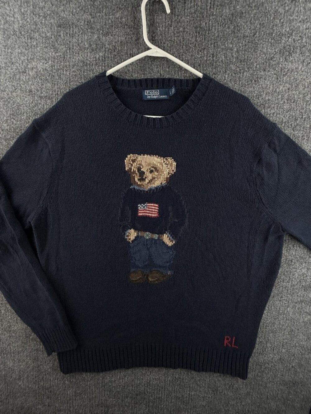 Polo Ralph Lauren USA Bear Flag Crew Neck Blue Cotton Linen Large Knit Sweater